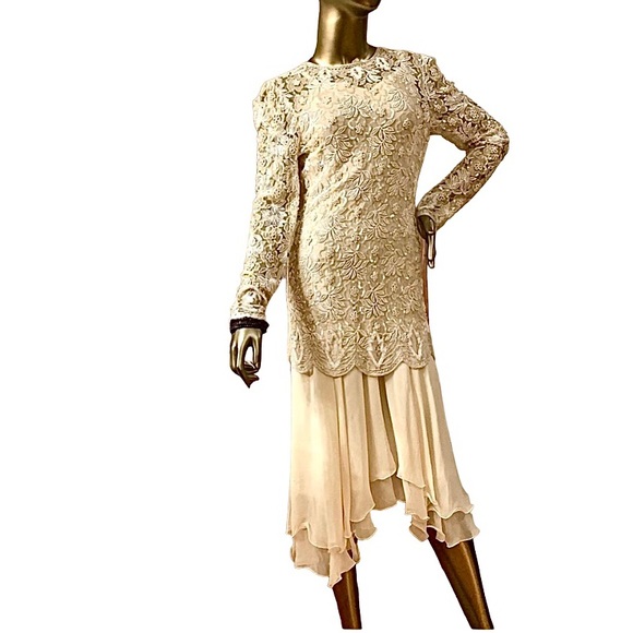 Vintage Ivory Lace, Chiffon & Sequin Dress (2 piece) Size Small - Picture 1 of 16